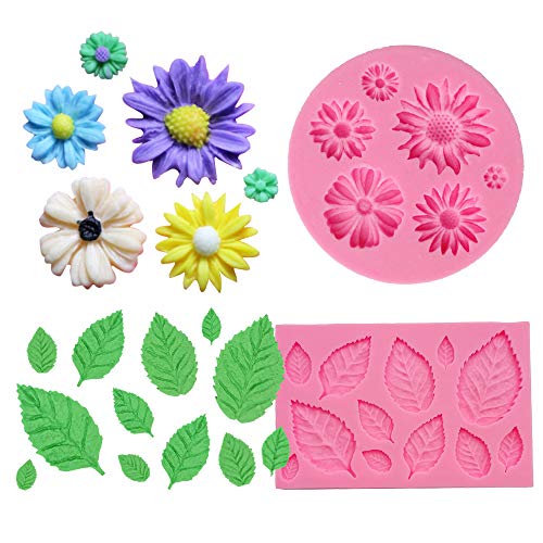 Product Cover BAKHUK 2pcs Flower Fondant Candy Mold, Daisy and Leaves Collection Silicone Fondant Mold for Chocolate, Sugercraft Cake Decoration Kit, Polymer Clay, Soap Wax Making Craft Set