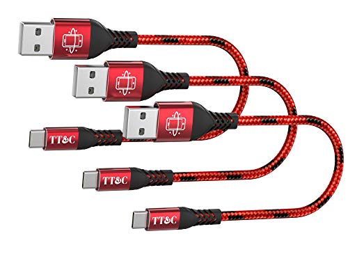 Product Cover TT&C Short Nylon Braided USB C Cable [ 8 inch 3-Pack ] Premium Quality Fast Charge Cord Charger Compatible for Samsung Galaxy S8/S8 Plus/S9/S10/ S10 Plus/Note8/Note9/ Google Pixel 2/3 (Red)
