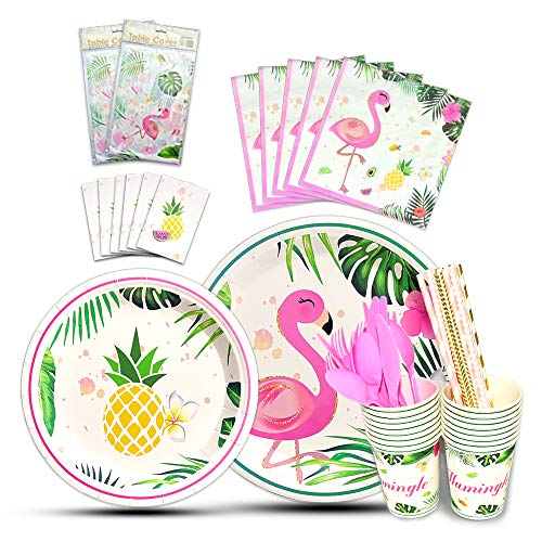 Product Cover WERNNSAI Flamingo Tableware Set - Tropical Party Supplies for Girls Kids Pink Birthday Baby Shower Includes Cutlery Bag Table Cover Plates Cups Napkins Straws Utensils Serves 16 Guests 146PCS