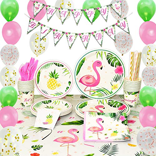 Product Cover WERNNSAI Flamingo Party Supplies Set - Tropical Party Decorations for Girls Kids Birthday Banner Balloons Cutlery Bag Table Cover Plates Cups Napkins Straws Utensils 16 Guests 169PCS