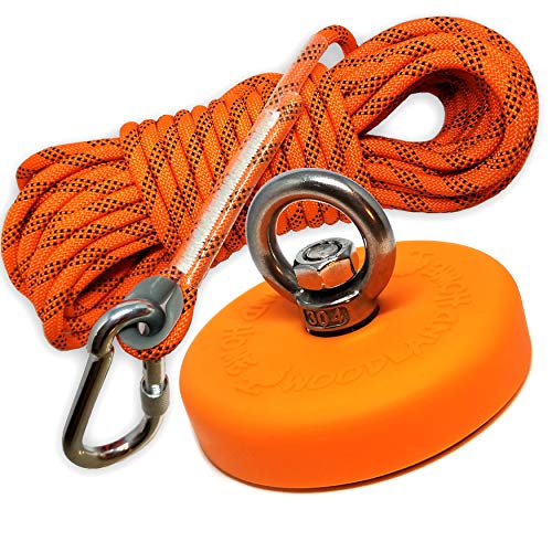 Product Cover Super Strong Deluxe Fishing Magnet 880LB & Rope Kit | Rope Over 2000 LB Strong | Magnet 880lb (400KG) Pull | Durable Orange Rubber | Neodymium Rare Earth Magnet 3.54 inch(90 mm) for Magnet Fishing ...
