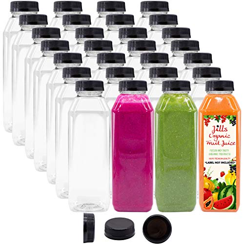 Product Cover 16 OZ Empty PET Plastic Juice Bottles - Pack of 35 Reusable Clear Disposable Milk Bulk Containers with Black Tamper Evident Caps Lids