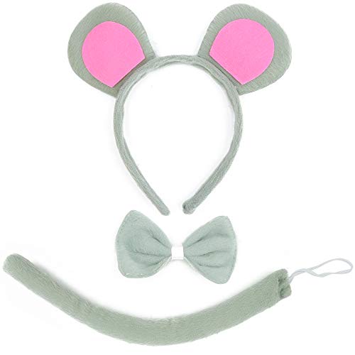 Product Cover Skeleteen Mouse Costume Accessory Set - Grey and Pink Ears Headband, Bow Tie and Tail Accessories Set for Rat Costume for Toddlers and Kids