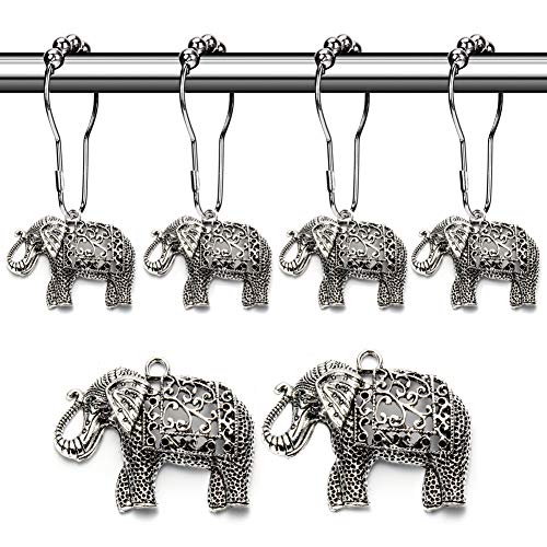 Product Cover Rust Proof Shower Curtain Hooks - Brushed Nickel Rings with Elephant Decorative Accessories Set Design for Bathroom Curtain, Kids Room, Home, condo Decor (Antique Silver, Stainless Steel, Set of 12)