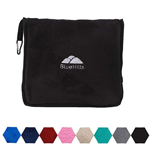 Product Cover BlueHills Premium Soft Travel Blanket Pillow Airplane Blanket Packed in Soft Bag Pillowcase with Hand Luggage Belt and Backpack Clip, Compact Pack Large Blanket for Any Travel (Black T008)