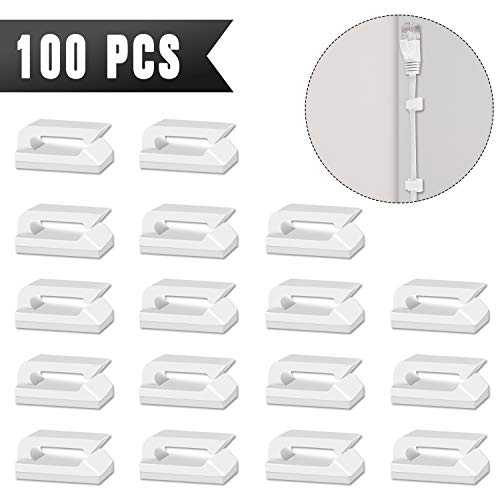 Product Cover Adhesive Cable Clips - CableGeeker 100 Pieces Self-Adhesive Cable Organizer with Strong Adhesive Pad,No Tools Required Cord Holder for Cat6 Cat7 Flat Ethernet Cable (White)