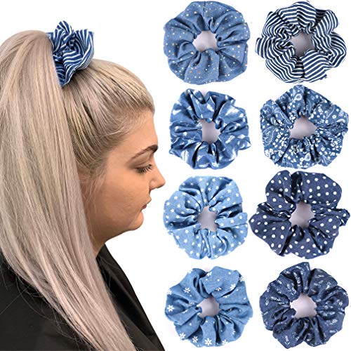 Product Cover Hair Scrunchies Denim 90's Ties Elastic Hair Bands Ropes Scrunchy Soft for Ponytails Top Knots Braids and Buns Women Girls Hair Accessories Pack of 8