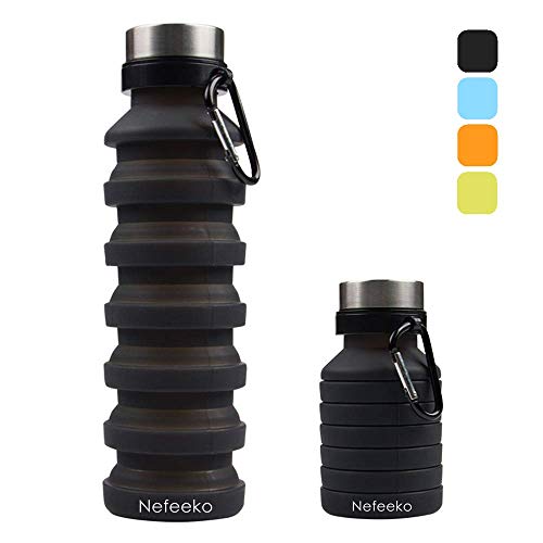 Product Cover Nefeeko Sports Water Bottle, BPA Free Collapsible Silicone Water Bottle for Travel Gym Camping Hiking Running, Portable Outdoor Foldable Leak Proof Water Bottles with Hook, 18oz(Black)