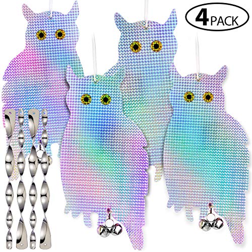 Product Cover Ohuhu 4-Pack Reflective Owl Deterrent, Birds Scarecrow Owls, Effective Hanging Flashy Devices to Keep Birds Away from Your House Window Garden, Bonus 4 x Reflective Spiral Rods