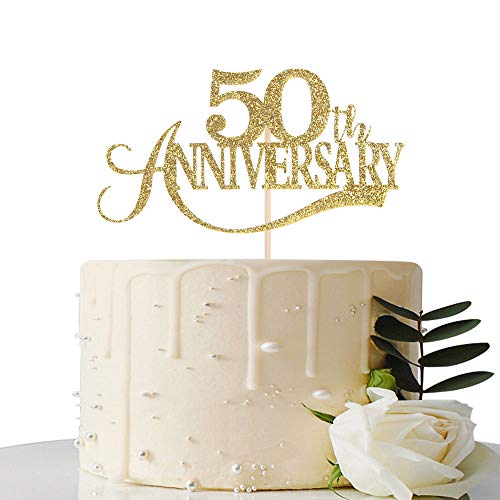 Product Cover Gold Glitter 50th Anniversary Cake Topper - for 50th Wedding Anniversary / 50th Anniversary Party / 50th Birthday Party Decorations
