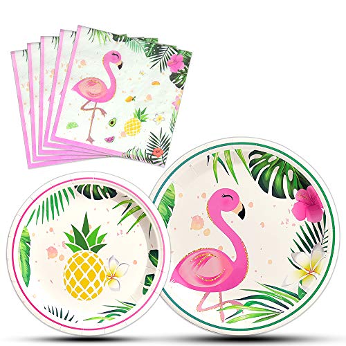 Product Cover WERNNSAI Flamingo Party Supplies - Luau Disposable Summer Hawaiian Themed Tableware Set for Girl Kids Birthday Dinner Dessert Plates and Napkins Serves 16 Guests 48PCS