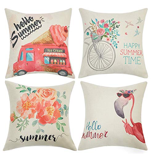 Product Cover Anickal Summer Decorations Set of 4 Decorative Pillow Covers 18x18 Hello Summer Pink Ice Cream Truck Flamingo Flower Cotton Linen Pillow Cases for Summer Home Decor
