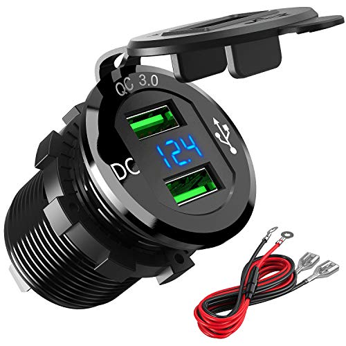Product Cover Quick Charge 3.0 Car Charger, Higoing 12V/24V 36W Aluminum Waterproof Dual QC3.0 USB Fast Charger Socket Power Outlet Adapter LED Digital Voltmeter& Wire Fuse kit (Black)