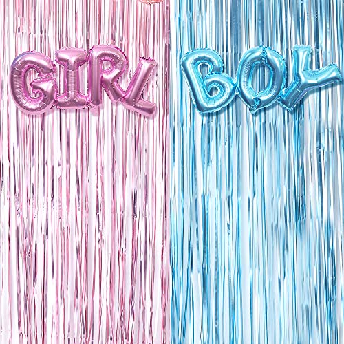 Product Cover Gender Reveal Decoration Set - Metallic Fringe Curtains + BOY Girl Foil Balloons Gender Reveals Party Photo Backdrop (Pink/Blue)