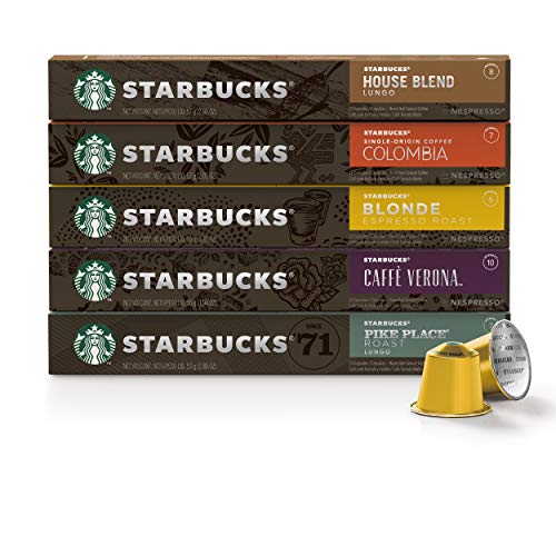 Product Cover Starbucks by Nespresso, Favorites Variety Pack (50-count single serve capsules, 10 of each flavor, compatible with Nespresso Original Line System)