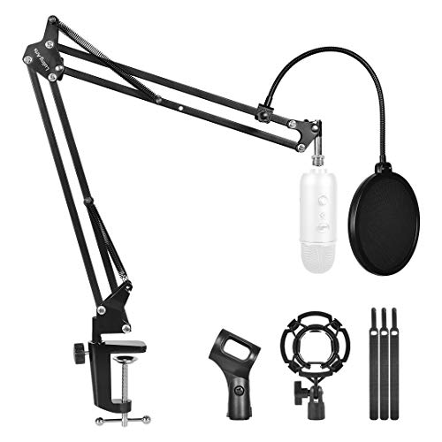 Product Cover Professional Adjustable Desktop Microphone Stand Suspension Boom Scissor Arm Stand Desktop Mic Stand with Mic Pop Filter for Blue Yeti Snowball,Radio Broadcasting and Recording