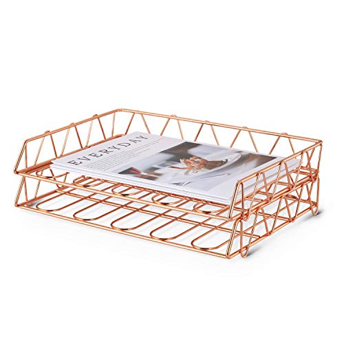 Product Cover CAXXA 2 Pack Stackable File Tray Paper Letter Desk Organizer Document Files Holder Storage | for Home School Business Office, Rose Gold (Horizontal Version)