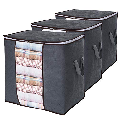 Product Cover Lifewit Clothes Storage Bag 90L Large Capacity Organizer with Reinforced Handle Thick Fabric for Comforters, Blankets, Bedding, Foldable with Sturdy Zipper, Clear Window, 3 Pack, Grey