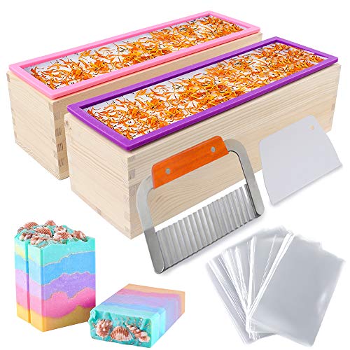 Product Cover YGEOMER 2pcs 35oz Loaf Soap Mold, Rectangular Silicone Mold Set for Making Soap, with Wooden Boxes, 2 Cutters and 100pcs 4x6 inches Bags