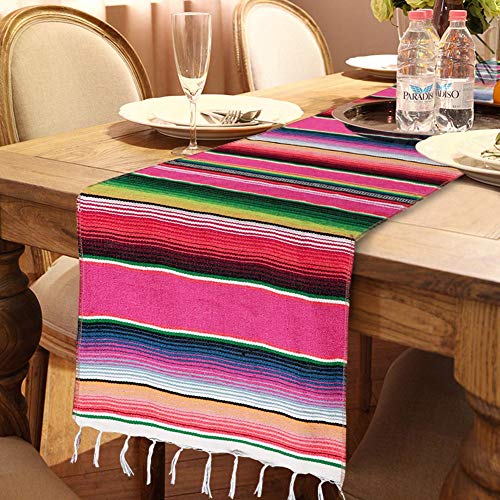 Product Cover OurWarm Mexican Table Runner with Tassels 14in x 84in Fringe Cotton Striped Table Runners for Mexican Day of The Dead Party Decorations, Mexican Serape Blanket Table Runner