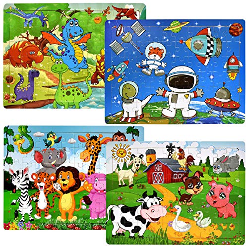 Product Cover Wooden Puzzles for Kids Age 3-8, [60 Piece] Animal Puzzles Preschool Educational Learning Toys for Toddlers, Jigsaw Puzzles Toy Set of 4 Theme - Dinosaur, Safari, Farm and Space