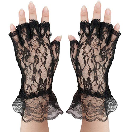 Product Cover Skeleteen Fingerless Lace Black Gloves - Ladies and Girls Ruffled Lace Finger Free Bridal Wrist Gloves