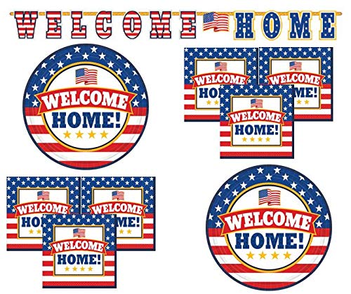 Product Cover Welcome Home Decorations and Party Supplies with Tableware Plates Napkins Banner U.S. Army Navy Marines Patriotic Serves 18 Guests
