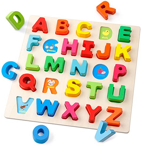 Product Cover Coogam Wooden Alphabet Puzzle - Letters Peg Board Sorting ABC Blocks Matching Game Montessori Jigsaw Early Learning Educational Toy Gift for 1 2 3 Year Old Toddler Baby Kids