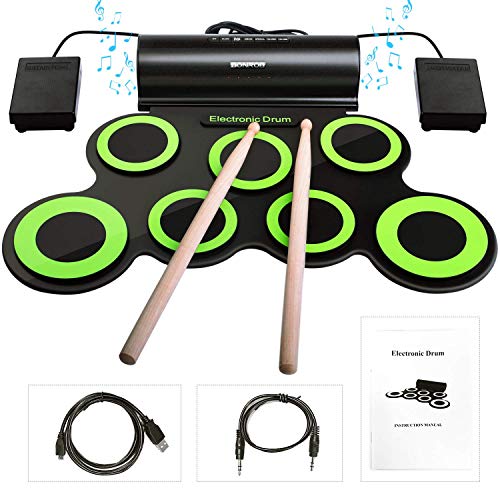 Product Cover Electronic Drum Set, BONROB Drum Pad Foldable Roll Up Drum Kit Built in Speaker With Drum Sticks, 7 Drum Pads With Headphone Jack For Practice Starters Kids Gift