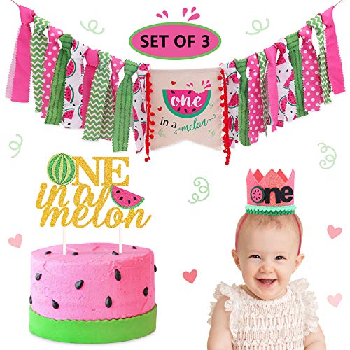 Product Cover Watermelon Party Decorations One in a Melon Highchair Banner Baby Girl 1st Birthday Mini Crown Hat Cake Topper Summer Fruit Theme Party Supplies Hot Pink Cake Smash Photo Prop