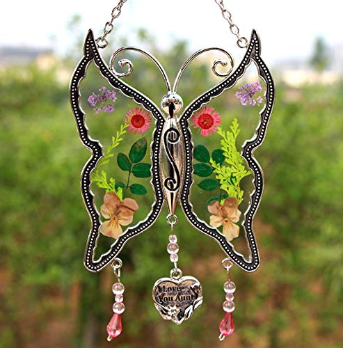 Product Cover KY&BOSAM I Love You Aunt New Butterfly Sun-Catchers Gifts for Aunt, Pressed Flower Between Wings Glass for Window, Silver Metal Engraved Charm, as Mother's Day Aunt Birthday from Daughter