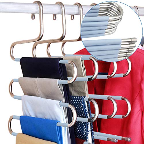 Product Cover DOIOWN S-Type Stainless Steel Clothes Pants Hangers Closet Storage Organizer for Pants Jeans Scarf Hanging (14.17 x 14.96ins, Set of 3) (5-Pieces-Light Blue(Upgrade Style))