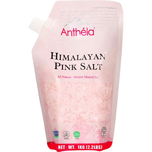 Product Cover Anthéla Himalayan Pink Salt, Premium Organic Gourmet 100% Pure Ancient Mineral Sea Salt. Natural and Amazing Flavor. Non-GMO, Kosher, Halal, Sedex Certified. Coarse Grain Refill bag 2.2lbs