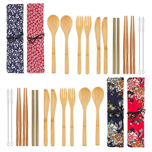 Product Cover 4 Pack Bamboo Cutlery Set | Flatware Set | Reusable Portable Utensils Travel Cutlery Set (Bags, Forks, Knives, Chopsticks, Spoons,Straws and Brushes) for Camping and BBQ