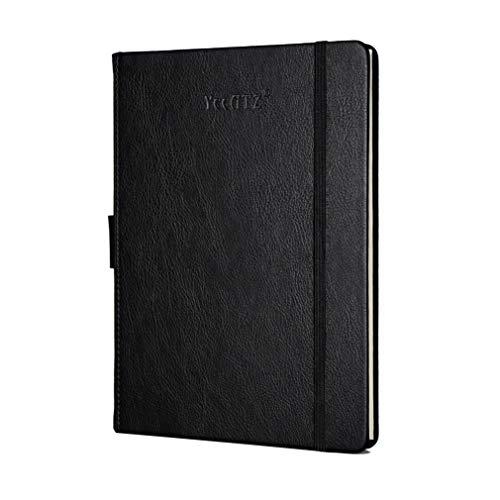 Product Cover Thick Hardcover Notebook/Journal with A5 120gsm Premium Paper, College Ruled Bound Notebook with Pen Holder, Black Leather, 3 Ribbon Marker, Inner Pocket, 8.4 x 5.7 in