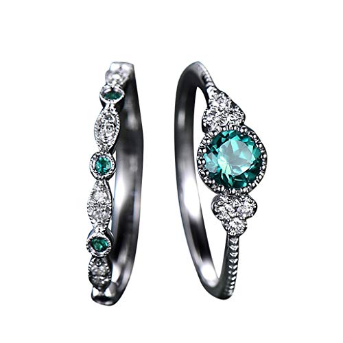Product Cover 2pcs Sparkling Natural Gemstone Ring Set Women Emerald Sapphire Wedding Rings Valentine's Festival Gifts for Boyfriend Girlfriend (US Size)