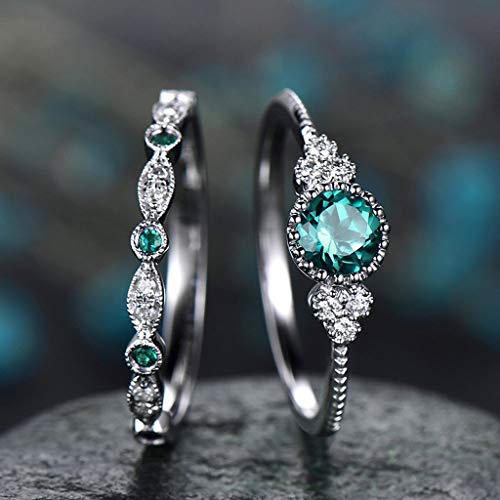 Product Cover 2pcs Sparkling Natural Gemstone Ring Set Women Emerald Sapphire Wedding Rings Valentine's Festival Gifts for Boyfriend Girlfriend (US Size)