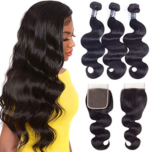 Product Cover Amella Hair Brazilian Body Wave Hair Bundles with Closure(18 20 22 +16 Free Part),8A 100% Unprocessed Brazilian Virgin Body Wave Hair Weave with 4x4 Closure Remy Hair