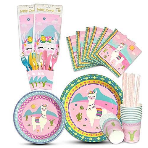 Product Cover WERNNSAI Llama Tableware Set - Alpaca Pink Party Supplies for Girl Kids Birthday Baby Shower Includes Cutlery Bag Table Cover Plates Cups Napkins Straws Utensils Serves 16 Guests 146PCS