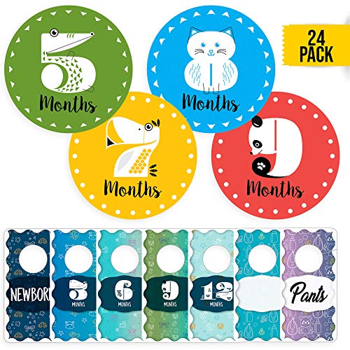 Product Cover CORRURE 24 Pack Baby Monthly Stickers and Closet Size Dividers - 12 Months Milestone Stickers for Boys or Girls and 12 Nursery Closet Organizer - Great Baby Shower Party Present