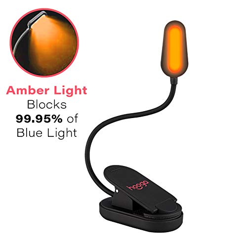 Product Cover Book Light, Blue Light Blocking, Amber Clip-On Reading Light by Hooga. 1600K Warm LEDs for Reading in Bed. Sleep Aid Light. Rechargeable 1200mAh Battery. Adjustable Brightness. Works with Kindles