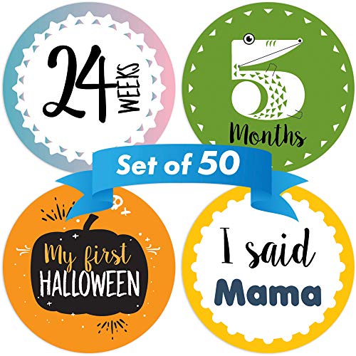 Product Cover CORRURE 50 pack Baby Monthly Stickers and Pregnancy Set - 17 Belly Bump Week by Week, 12 Months, 12 Milestones and 9 Holidays for Boys and Girls - Save All the Happy Moments or Use as Baby Shower Gift