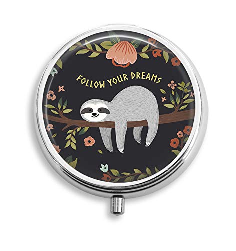 Product Cover Euger Custom Cute Baby Sloth On The Tree Round Silver Pill Box Pocket 2.1 inches Medicine Tablet Holder Organizer Case for Purse