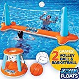 Product Cover Inflatable Pool Float Set Volleyball Net & Basketball Hoops; Balls Included for Kids and Adults Swim