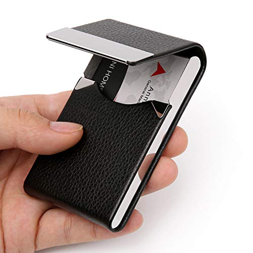 Product Cover DMFLY Business Card Holder Case - PU Leather Business Card Case Name Card Holder Slim Metal Pocket Card Holder with Magnetic Shut, Black