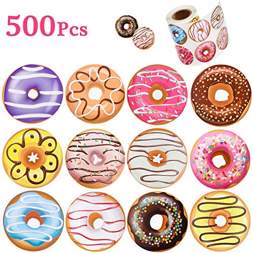 Product Cover 500 Pieces 1.5 Inch Donut Stickers 12 Styles Donut Perforated Roll Stickers for Kids, Birthday Party Favor Decoration, School Reward Sticker