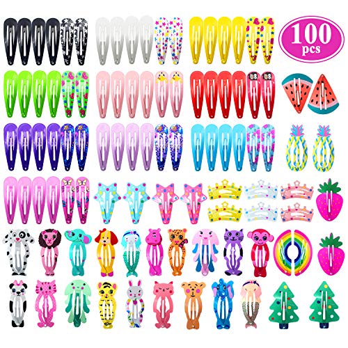 Product Cover Hair Clips for Girls, Funtopia 100 Pcs No Slip Metal Snap Hair Clips Barrettes for Kids Teens Women, Cute Candy Color Cartoon Design Hair Pins (Animals Fruits Crowns Stars)