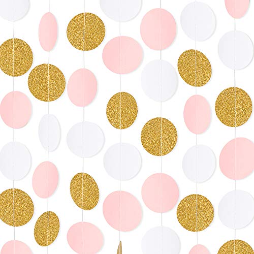 Product Cover RUBFAC 5pcs 65ft Paper Garland Pink White Glitter Gold Circle Dots Hanging Decorations for Birthday Party Wedding Decorations