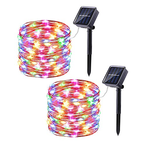 Product Cover 2 Pack Solar String Lights, 33ft 100LED 8 Modes Copper Wire Outdoor String Lights, Waterproof Solar Fairy Lights Rope Lights for Patio, Garden, Yard, Party, Wedding, Tree Decorations (Multi-Color)