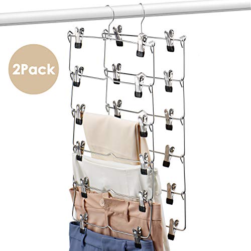 Product Cover HOUSE DAY 6 Tiers Skirt Hangers with Clips Space Saving Pants Hangers,2 Pack Multi Slack Skirt Hanger with Clips Metal Pants Hnager for Slack, Trouser, Jeans,Towels,Sliver